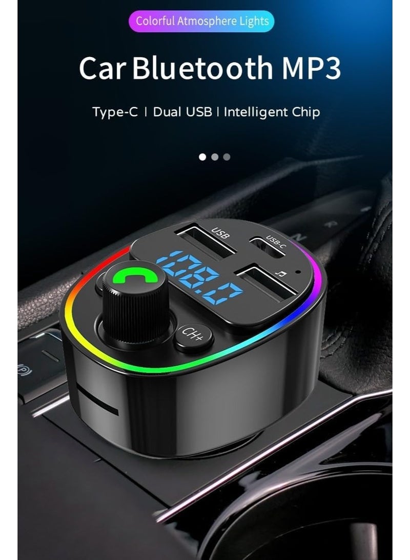 جهاز إرسال FM لاسلكي للسيارة بتقنية البلوتوث ومشغل MP3 - كابل شحن سريع 3 في 1 (Type-C، Micro، Lightning) - طقم مكالمات بدون استخدام اليدين للسيارة مع أضواء LED ملونة RGB وشاشة LED - منفذي USB مزدوجين (أسود) - Image 2
